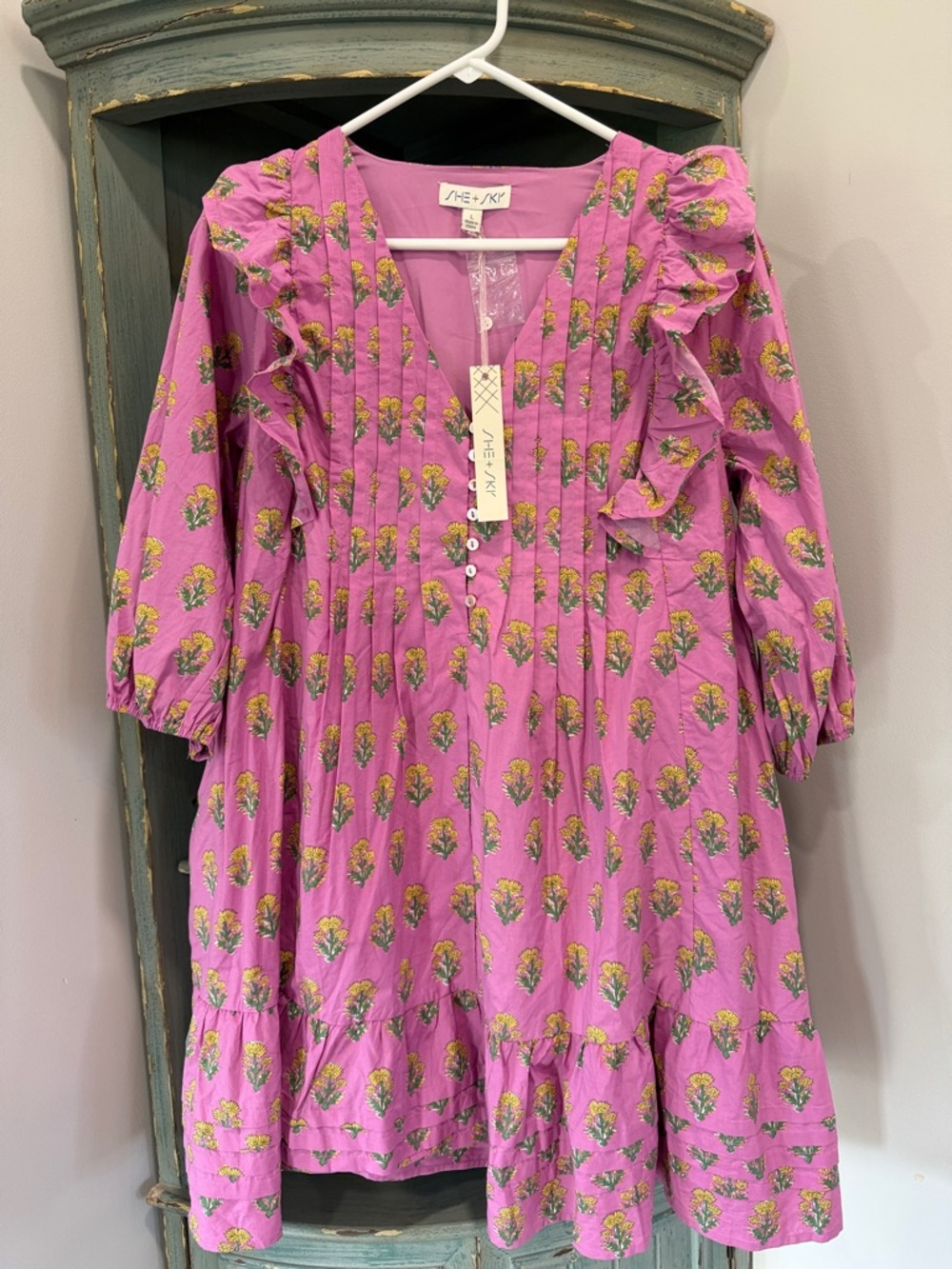 She + Sky Pink Floral Ruffle Dress Womens Large NWT
